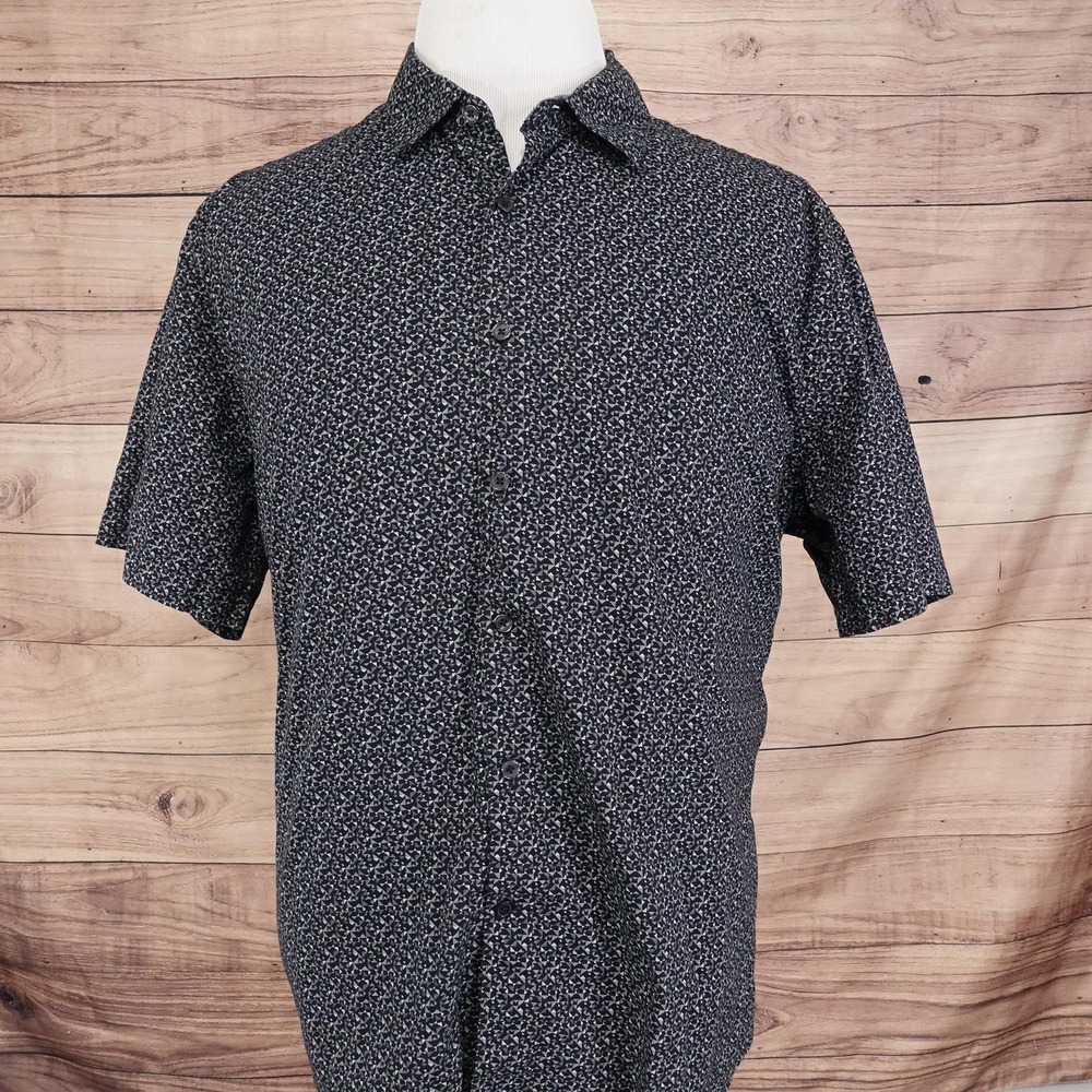 Claiborne Shirt Mens 2XL Black Gray Micro Print Short Sleeve Slim Fit Stretch - Picture 3 of 8